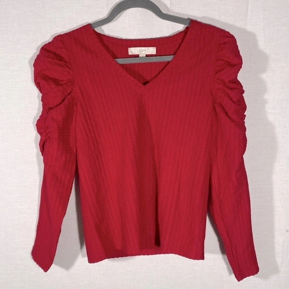 Loft Shirred Puff Sleeve textured Top raspberry pink women’s XS